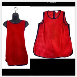 LIZ CLAIBORNE RED & NAVY BLOUSE TOP SLEEVELESS PLAID PRINT ROUND NECK SIZE LARGE